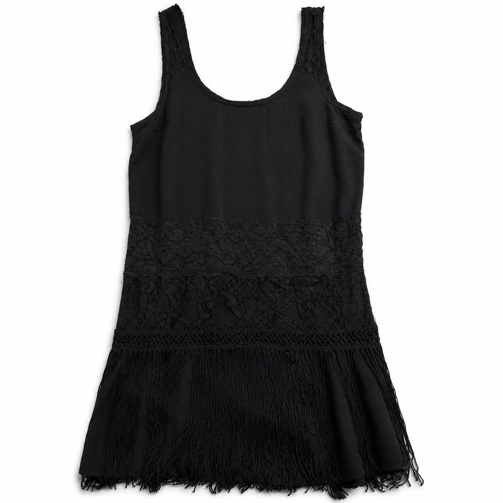 Free‎ People Black Lace Fringe Flapper Mini Dress Size 0 Boho Charleston Shift